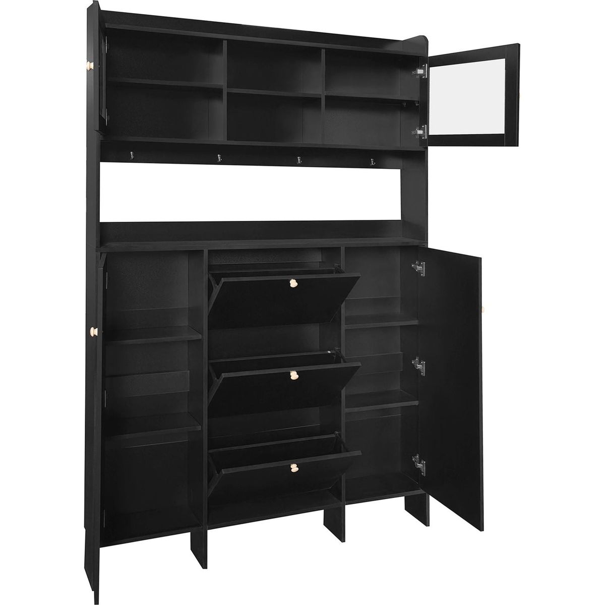 Contemporary Shoe Cabinet with Open Storage Platform, Tempered Glass Hall Tree with 3 Flip Drawers, Versatile Tall Cabinet with 4 Hanging Hooks for Hallway, Black