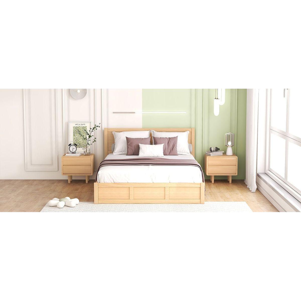 Queen Size Wood Platform Bed with Underneath Storage and 2 Drawers, Wood Color
