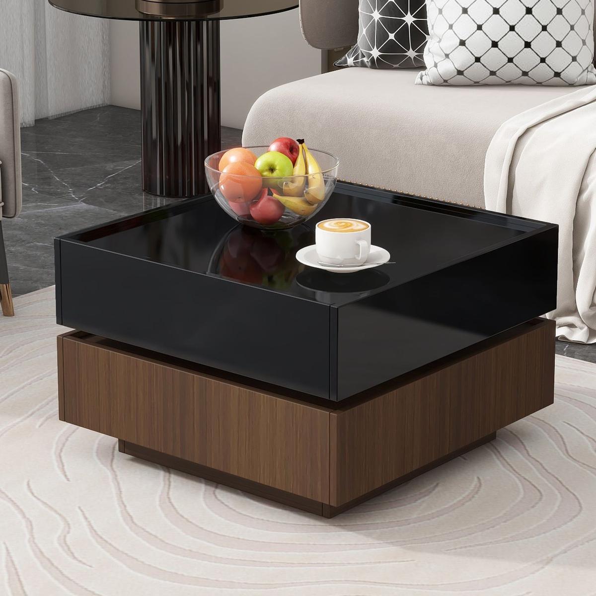 Multi-functional Square 360Rotating Coffee Table with 2 Drawers, High Gloss 2-Tier Center Table with Swivel Tabletop and Storage, Walnut Table Frame Side Table for Living Room, Black