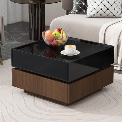 Multi-functional Square 360Rotating Coffee Table with 2 Drawers, High Gloss 2-Tier Center Table with Swivel Tabletop and Storage, Walnut Table Frame Side Table for Living Room, Black