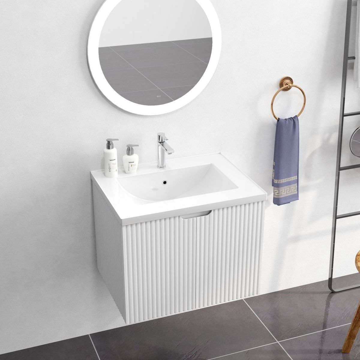 24" Floating Wall Mounted Bathroom Vanity with White Porcelain Sink and Soft Close Doors