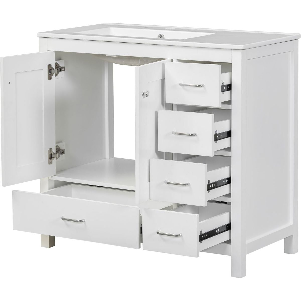 36" White Bathroom Vanity with Ceramic Sink Combo, Abundant Storage Cabinet -2 Soft-close doors and 5 drawers