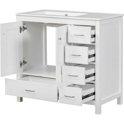 36" White Bathroom Vanity with Ceramic Sink Combo, Abundant Storage Cabinet -2 Soft-close doors and 5 drawers