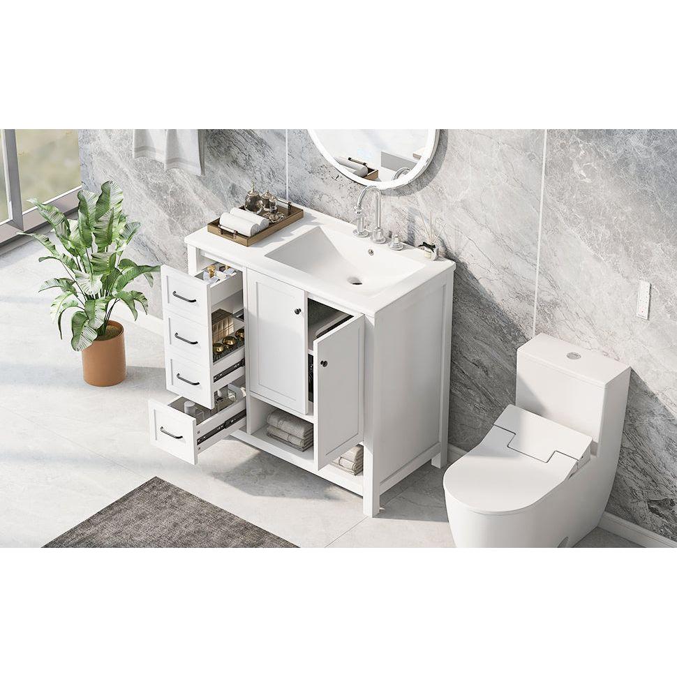 36" Bathroom Vanity with Sink Top, Bathroom Vanity Cabinet with Two Doors and Two Drawers, Solid Wood, Open shelf, MDF Boards, One Package, White