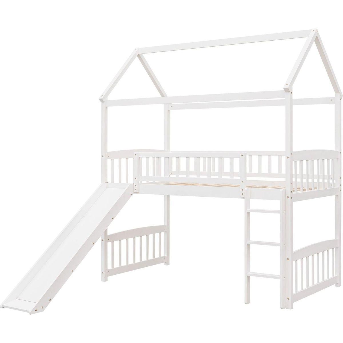 Twin Loft Bed with Slide, House Bed with Slide,White