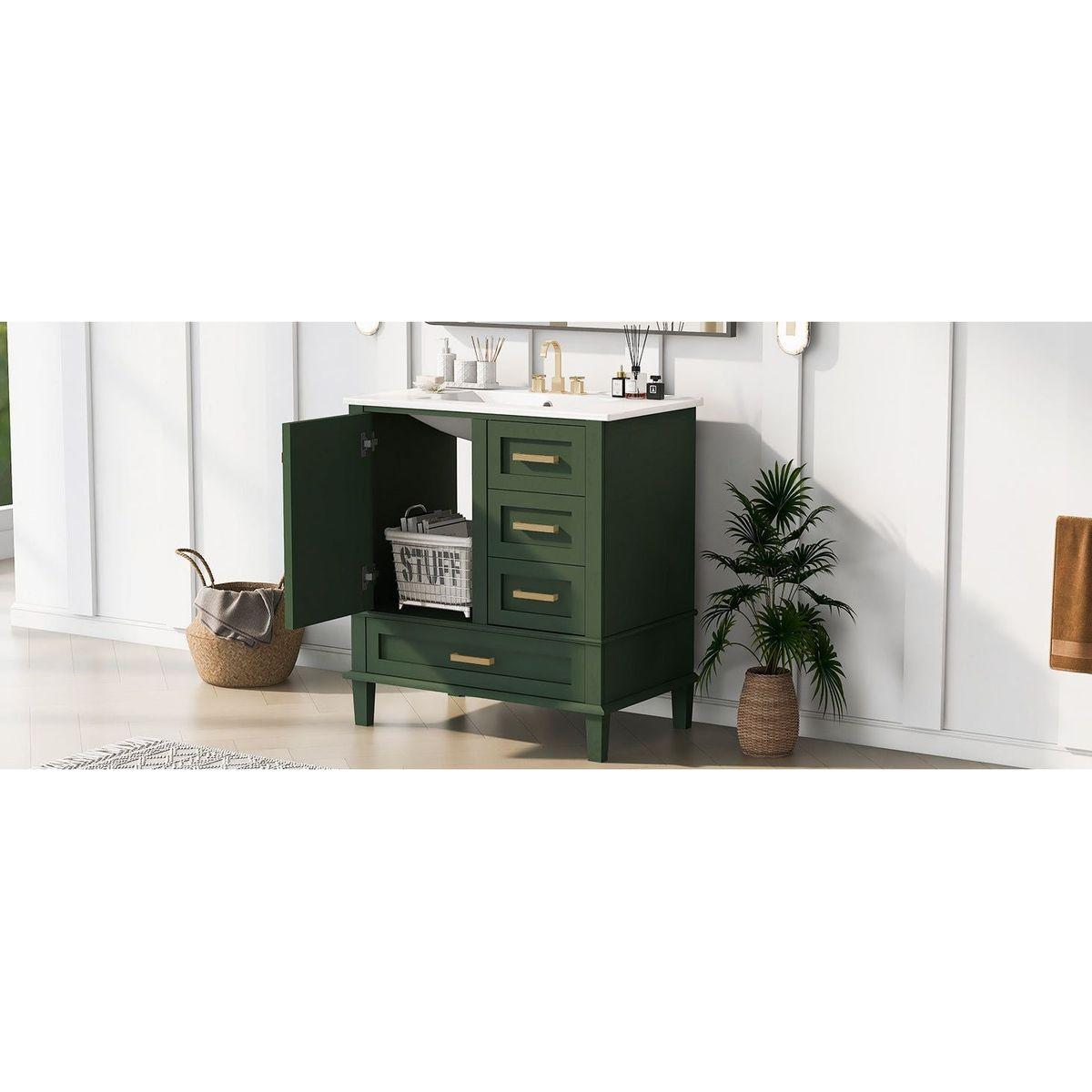 30" Bathroom Vanity in Green, Modern Bathroom Cabinet with Sink Combo Set, Bathroom Storage Cabinet with a Soft Closing Door and 3 Drawers, Solid Wood Frame