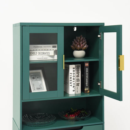 Tall Storage Show Cabinet with 2 Glass Display Door & 2 Doors, Tall Kitchen Pantry Cabinet with Gold Handles, Modern Cabinet Freestanding for Bathroom, Dining Living Room, Green