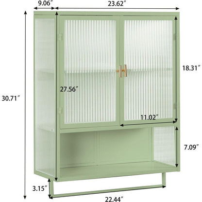 23.62"Glass Doors Modern Two-door Wall Cabinet with Featuring Two-tier Enclosed Storage, an Open Shelf, and Towel Rack, for Entryway Living Room Bathroom Dining Room,Green
