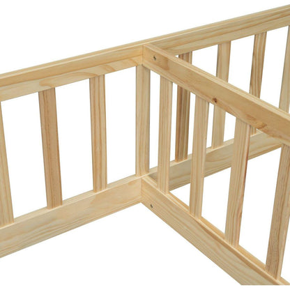 Double Twin Floor Bed with Fence, Guardrails, without door, Natural