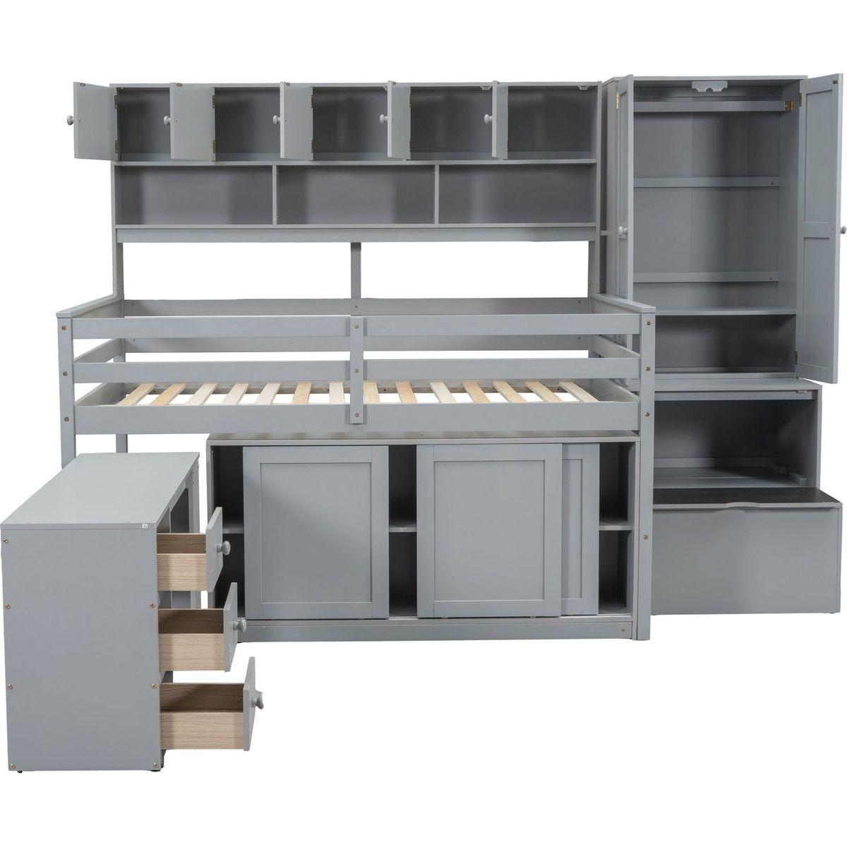 Full Size Wooden Loft Bed Big Storage with Under-bed Desk, with Drawers, with Shelves, Gray