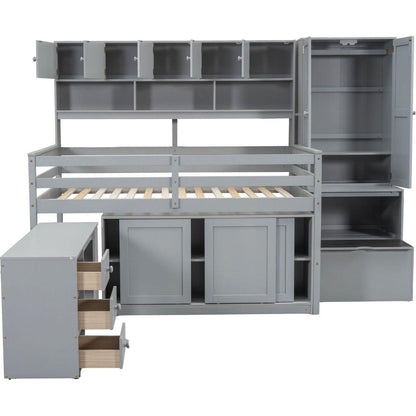 Full Size Wooden Loft Bed Big Storage with Under-bed Desk, with Drawers, with Shelves, Gray