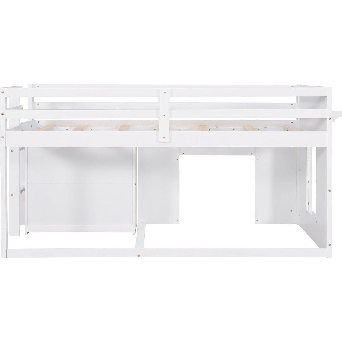 Twin Size Loft Bed with Cabinet and Shelf - White