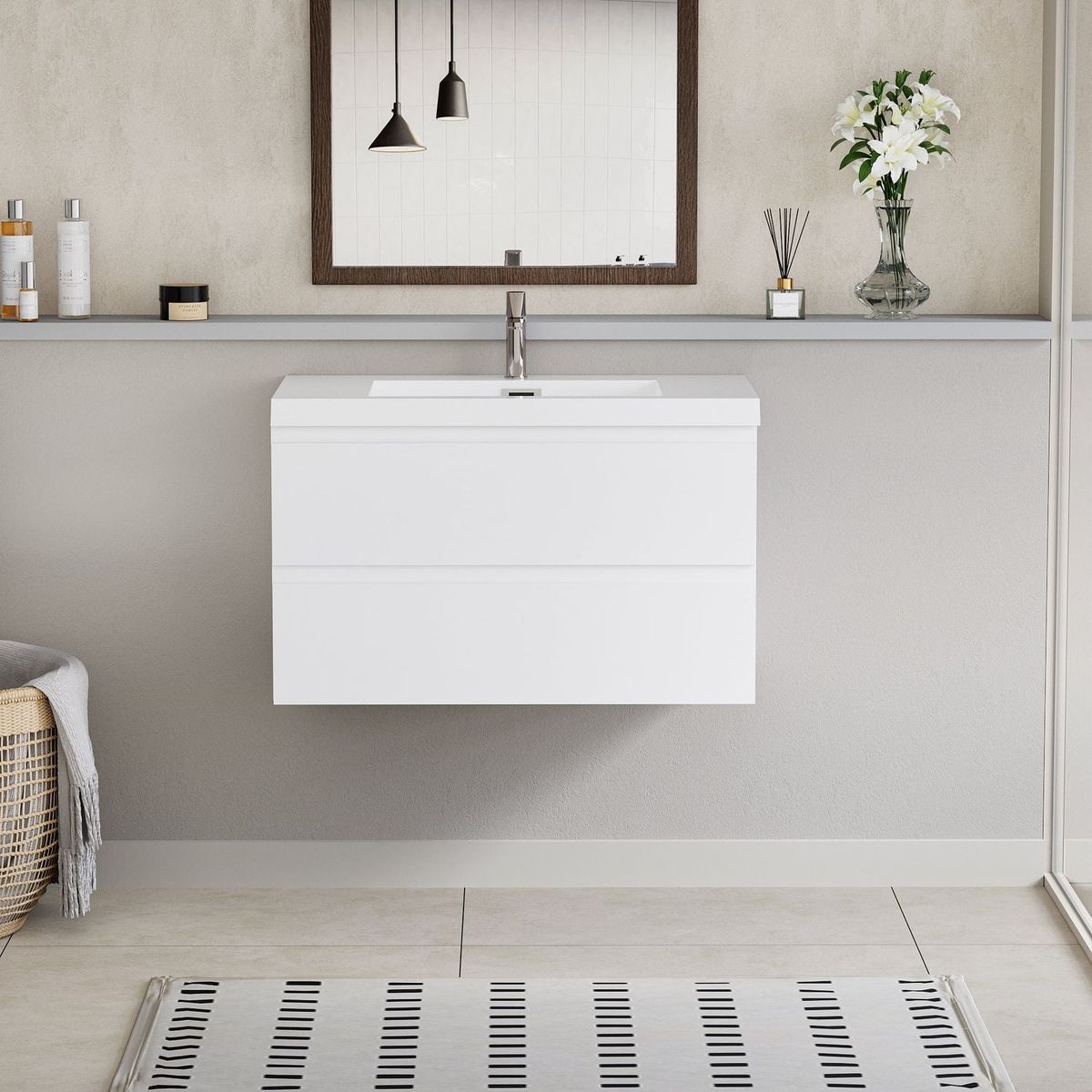 36" Floating Bathroom Vanity with Sink, Modern Wall-Mounted Bathroom Storage Vanity Cabinet with Resin Top Basin and Soft Close Drawers, Glossy White