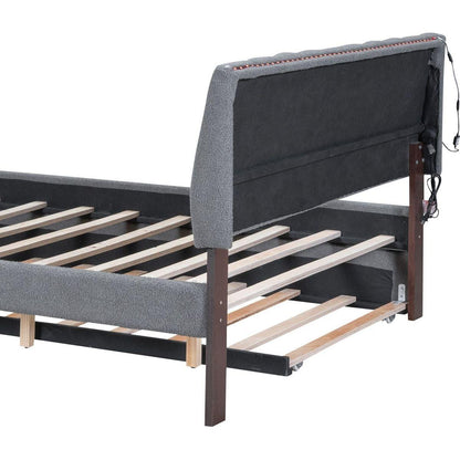 Teddy Fleece Queen Size Upholstered Platform Bed with Trundle, Gray