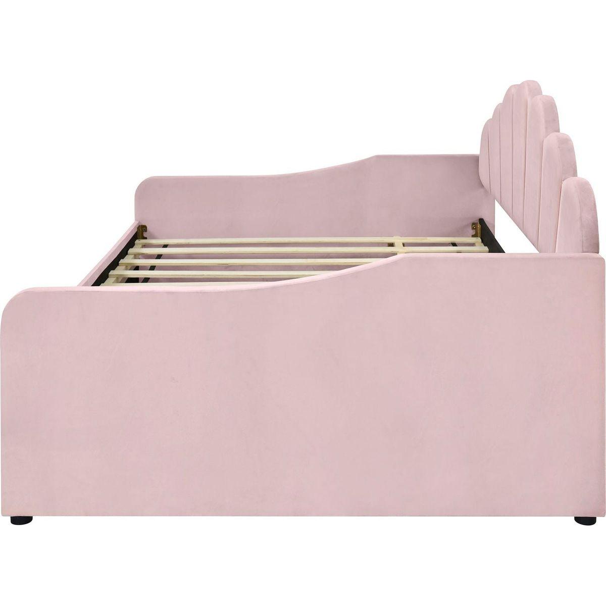 Full Size Upholstery Daybed Frame with Shall Shaped Backrest and Trundle,Pink
