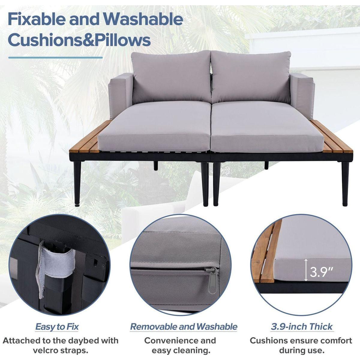 Modern Outdoor Daybed Patio Metal Daybed with Wood Topped Side Spaces for Drinks, 2 in 1 Padded Chaise Lounges for Poolside, Balcony, Deck, Gray