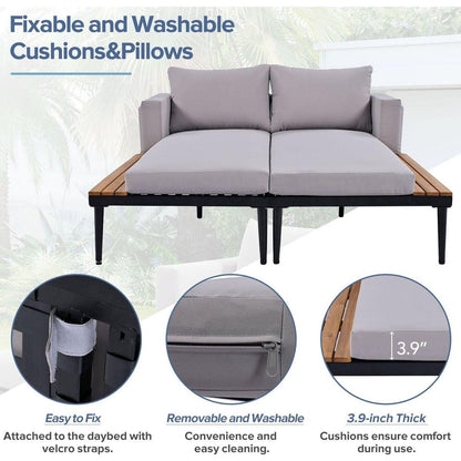 Modern Outdoor Daybed Patio Metal Daybed with Wood Topped Side Spaces for Drinks, 2 in 1 Padded Chaise Lounges for Poolside, Balcony, Deck, Gray