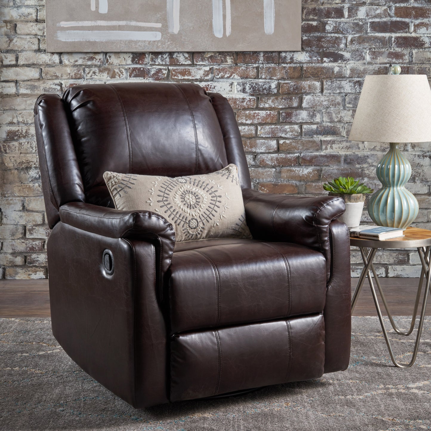 Brown PU Glider Recliner with Swivel, Manual Reclining Chair