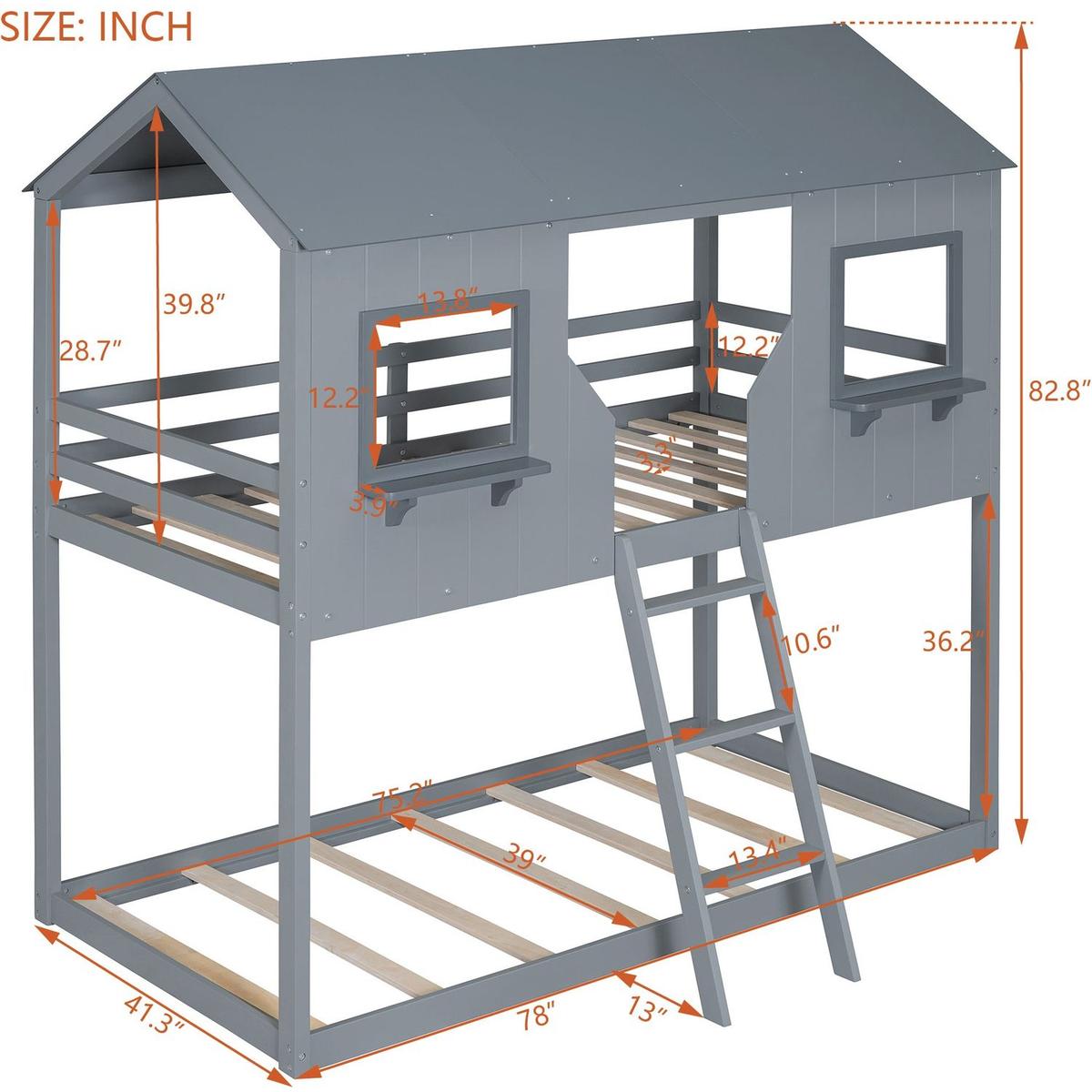 Twin Over Twin Bunk Bed Wood Bed with Roof, Window, Guardrail, Ladder (Gray)