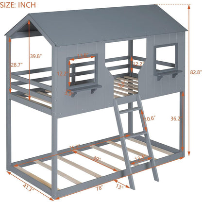 Twin Over Twin Bunk Bed Wood Bed with Roof, Window, Guardrail, Ladder (Gray)