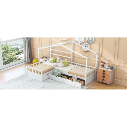 Twin Size House Platform Bed with Three Storage Drawers,White