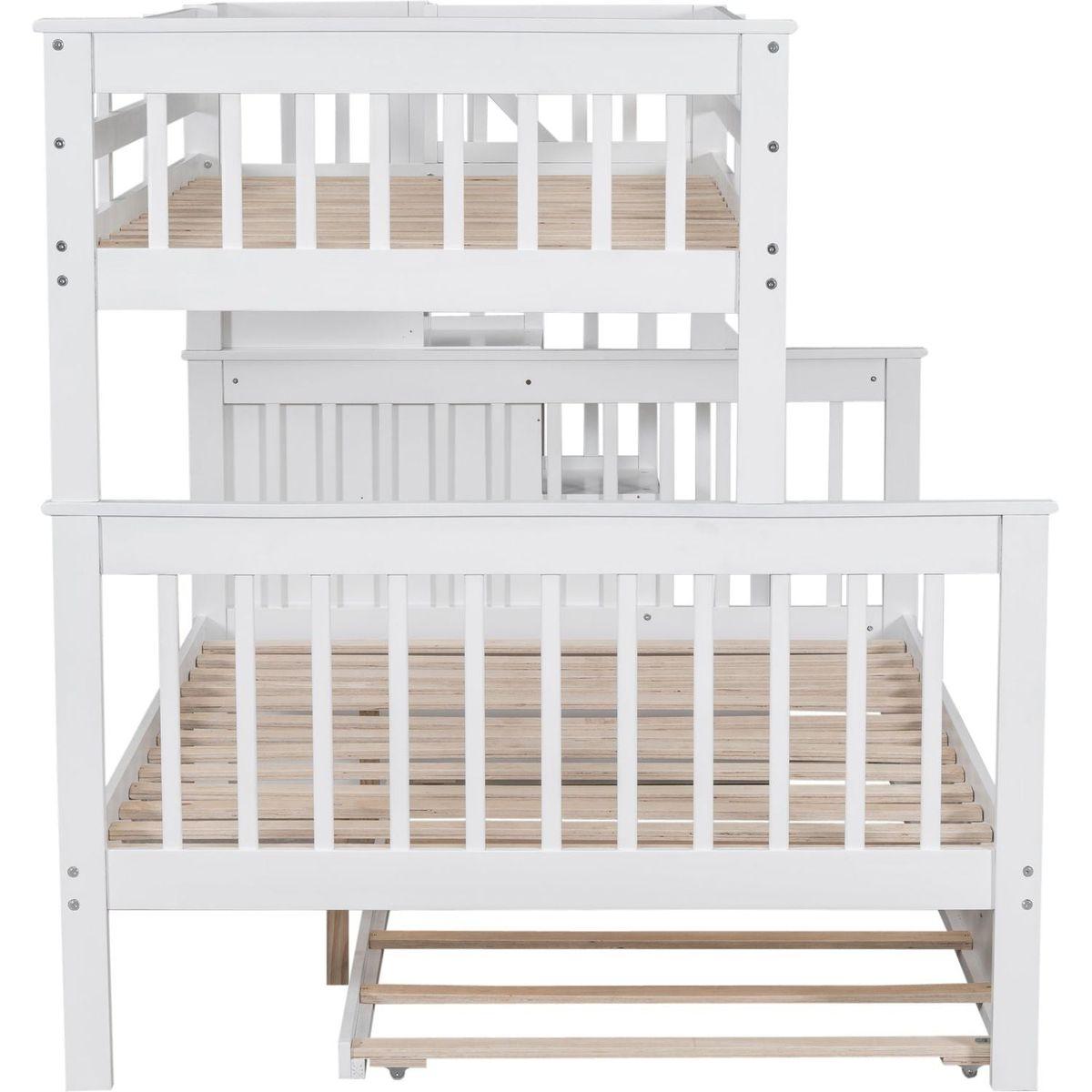 Twin-Over-Full Bunk Bed with Twin size Trundle, Storage and Guard Rail for Bedroom, Dorm, for Adults, White