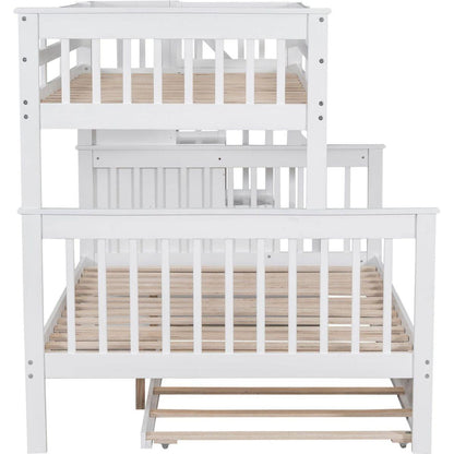 Twin-Over-Full Bunk Bed with Twin size Trundle, Storage and Guard Rail for Bedroom, Dorm, for Adults, White