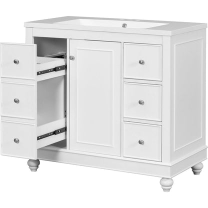 Contemporary White Bathroom Vanity Cabinet - 36x18x34 inches, 4 Drawers & 1 Cabinet Door, Multipurpose Storage, Resin Integrated Sink, Adjustable Shelves, Solid Wood Frame with MDF