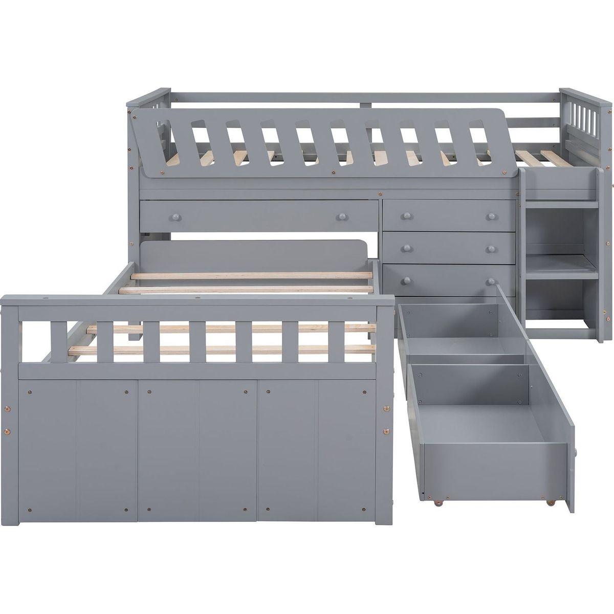 L-shaped Space-Saving Twin Loft and Twin Platform Bed with 7 Drawers and Full Guardrails(GRAY)