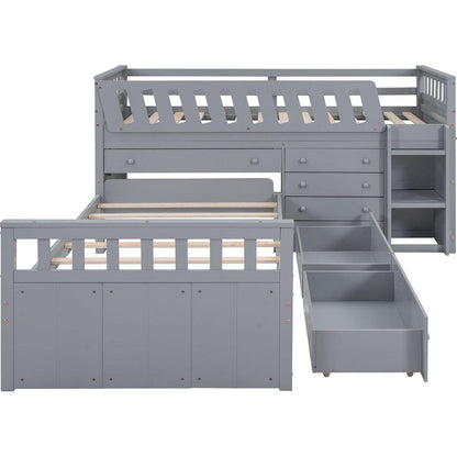 L-shaped Space-Saving Twin Loft and Twin Platform Bed with 7 Drawers and Full Guardrails(GRAY)