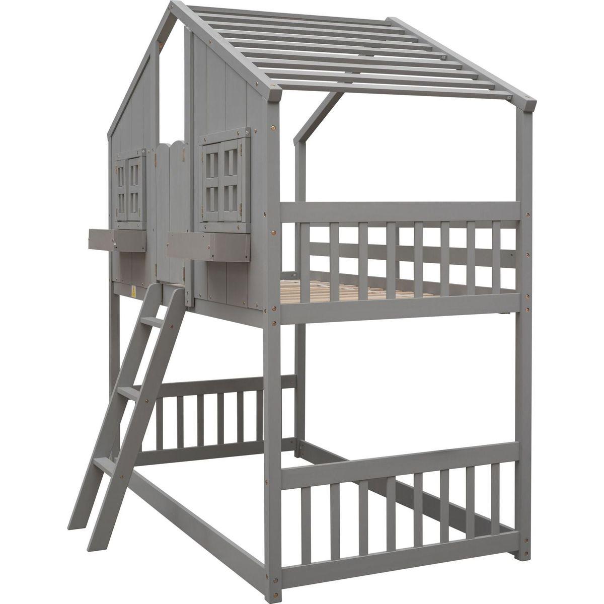 Twin over Twin House Bunk Bed with Roof, Window, Window Box, Door, with Safety Guardrails and Ladder, Grey
