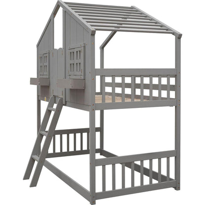 Twin over Twin House Bunk Bed with Roof, Window, Window Box, Door, with Safety Guardrails and Ladder, Grey