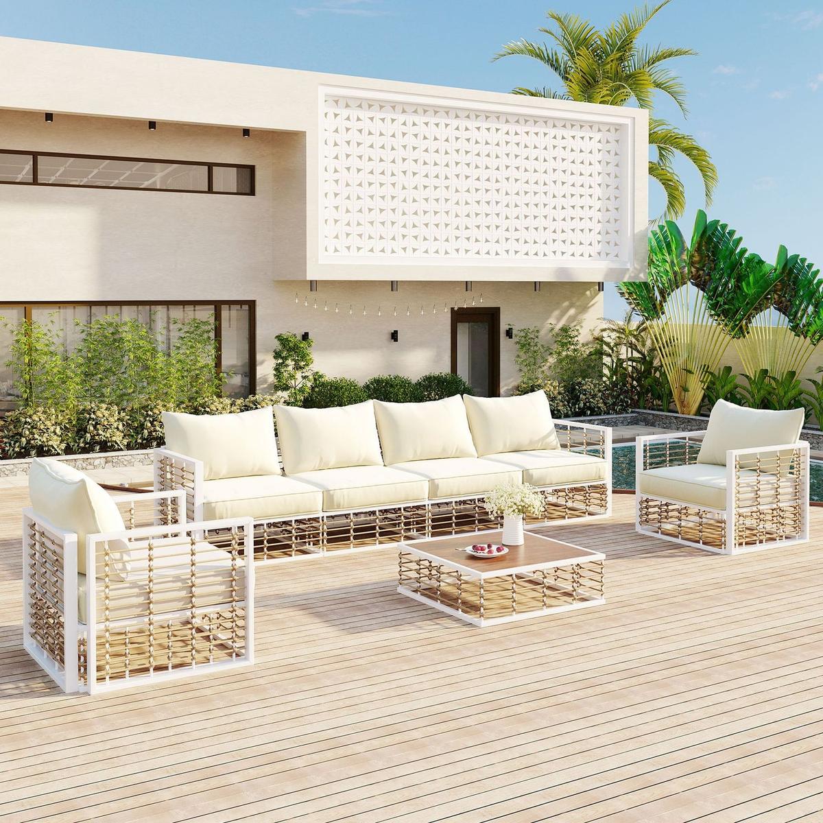 Modern Minimalist 7-Piece Metal Patio Sectional Sofa Set, All-Weather Garden Conversational Furniture Set with Thick Cushions and Coffee Table for Indoor Outdoor, White