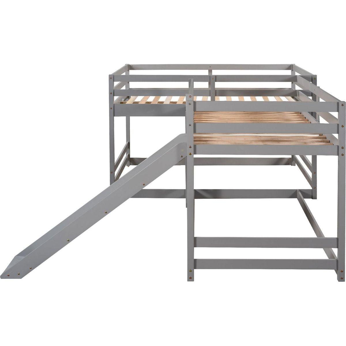 Full and Twin Size L-Shaped Bunk Bed with Slide and Short Ladder,Gray