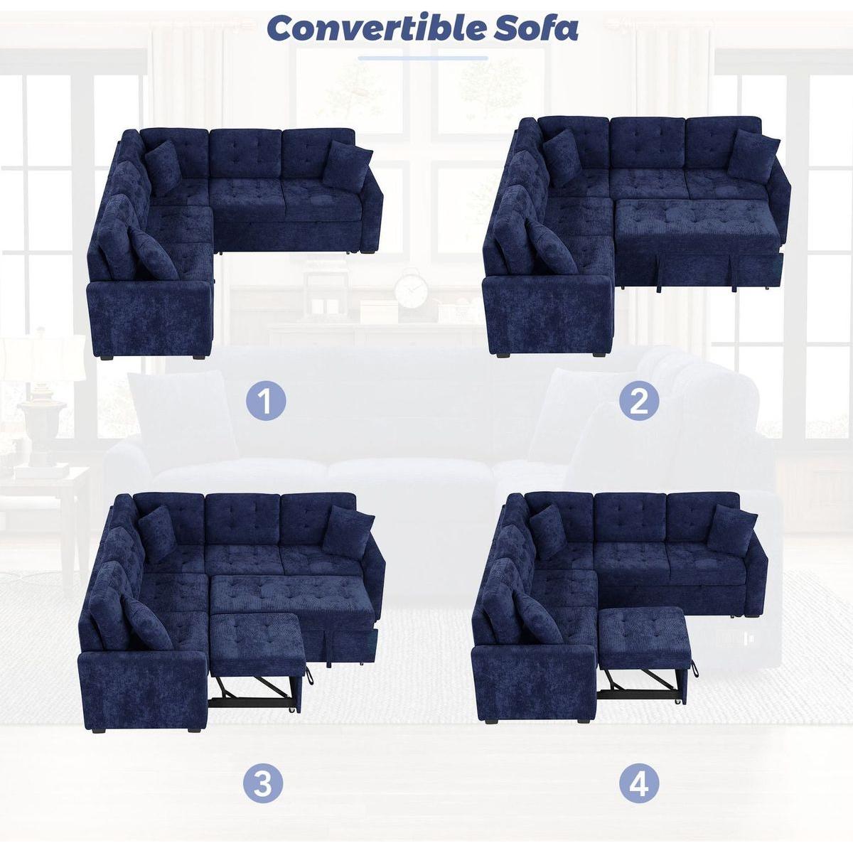 82.6" L-shape Sofa Bed Pull-out Sleeper Sofa with Wheels, USB Ports, Power Sockets for Living Room, Navy Blue