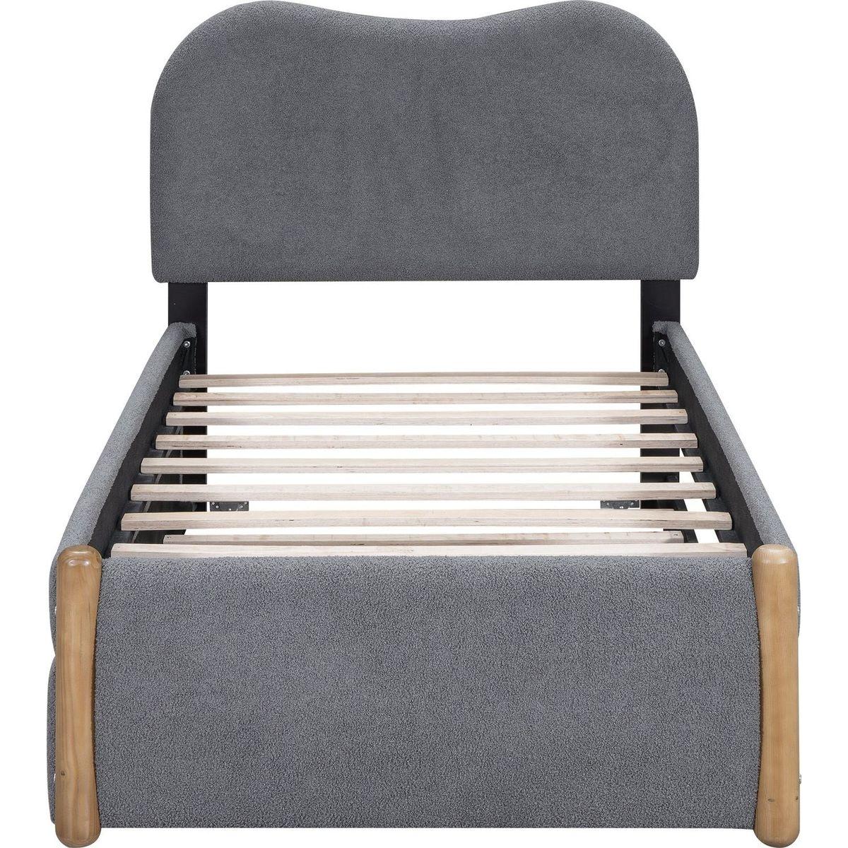 Twin Size Upholstered Platform Bed with Wood Supporting Feet and Twin Size Trundle, Gray