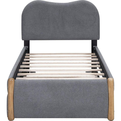 Twin Size Upholstered Platform Bed with Wood Supporting Feet and Twin Size Trundle, Gray