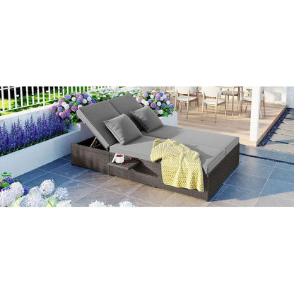 Outdoor Double Sunbed, Wicker Rattan Patio Reclining Chairs with Adjustable Backrest and Seat, Conversational Set for 2 Person, Gray