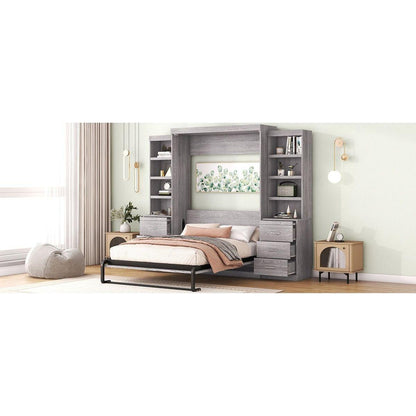 Full Size Murphy Bed with Storage Shelves and Drawers, Gray