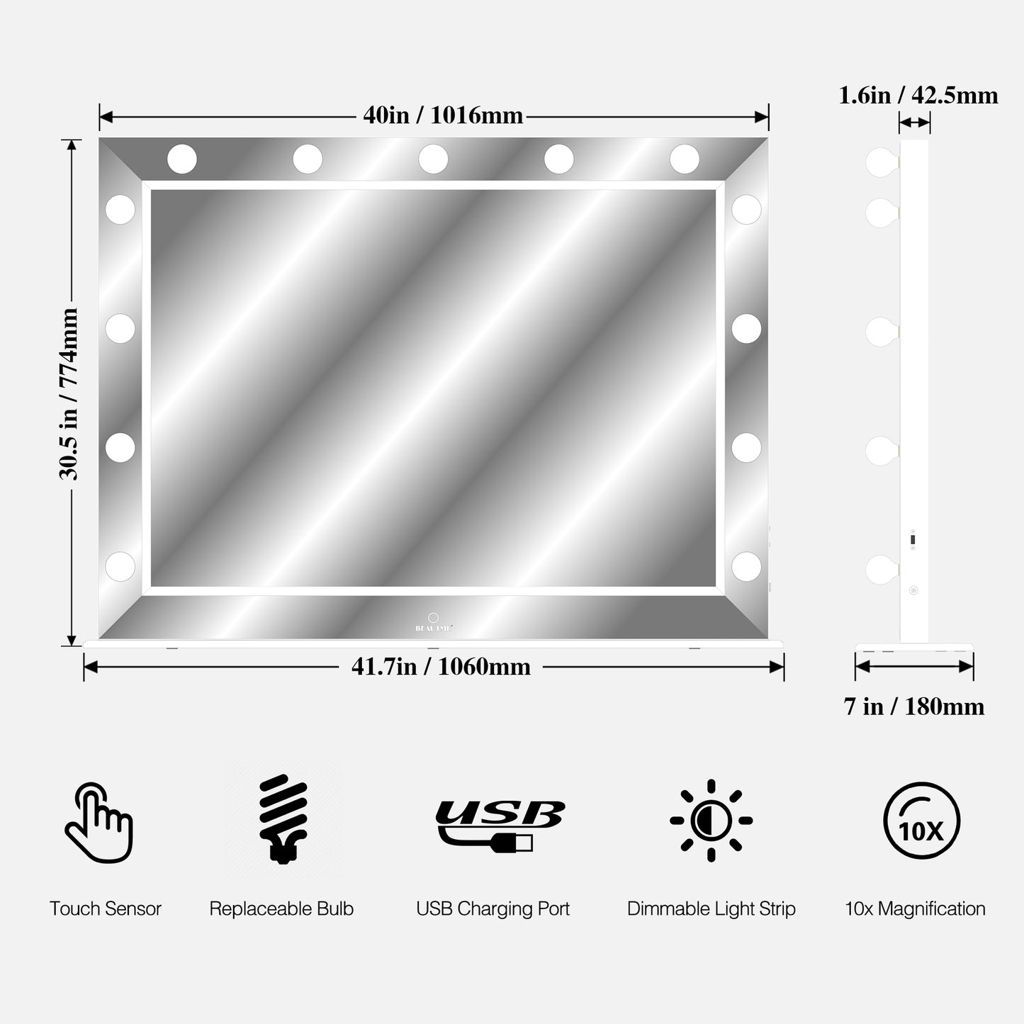 Hollywood Vanity Mirror with Uss Bulbs Luxury Vanity Mirror with Lights Large Size Makeup Mirror for Bedroom Makeup Room, Smart Touch White Lighting,40x30.5 inch