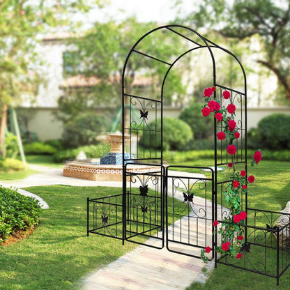 Metal Garden Arch with Gate 79.5" Wide x 86.6" High Climbing Plants Support Rose Arch Outdoor Black