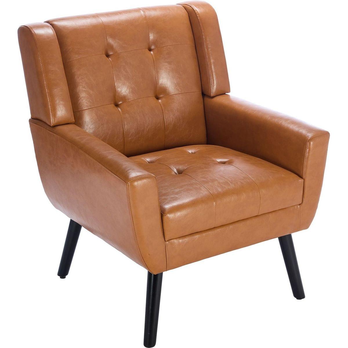 Modern Soft Leather Material Ergonomics Accent Chair Living Room Chair Bedroom Chair Home Chair With Black Legs For Indoor Home-Light Brown PU