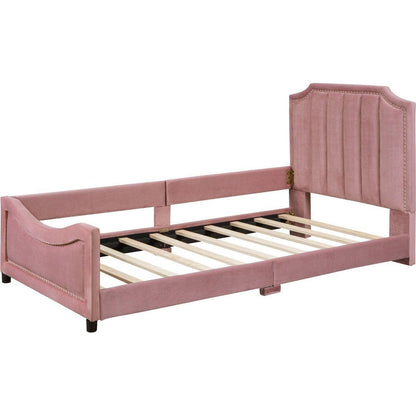 Twin Size Upholstered Daybed with Classic Stripe Shaped Headboard, Pink