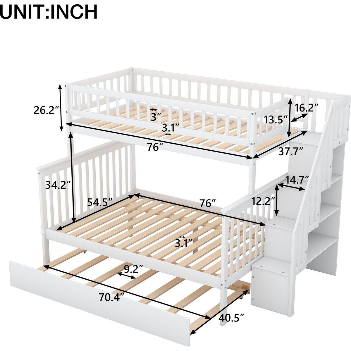 Twin over Full Bunk Bed with Trundle and Staircase,White