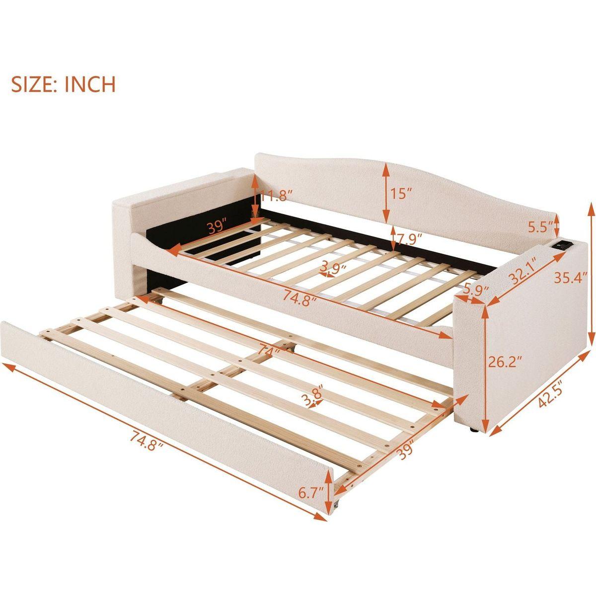 Twin Size Upholstered Daybed with Storage Armrests, Trundle and Latest Integrated Bluetooth Audio System, Teddy Fleece, Beige