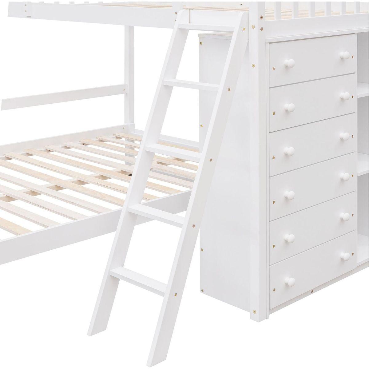 Wooden Twin Over Full Bunk Bed With Six Drawers And Flexible Shelves,Bottom Bed With Wheels,White