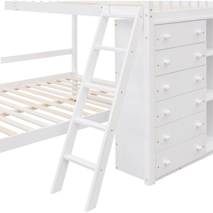 Wooden Twin Over Full Bunk Bed With Six Drawers And Flexible Shelves,Bottom Bed With Wheels,White