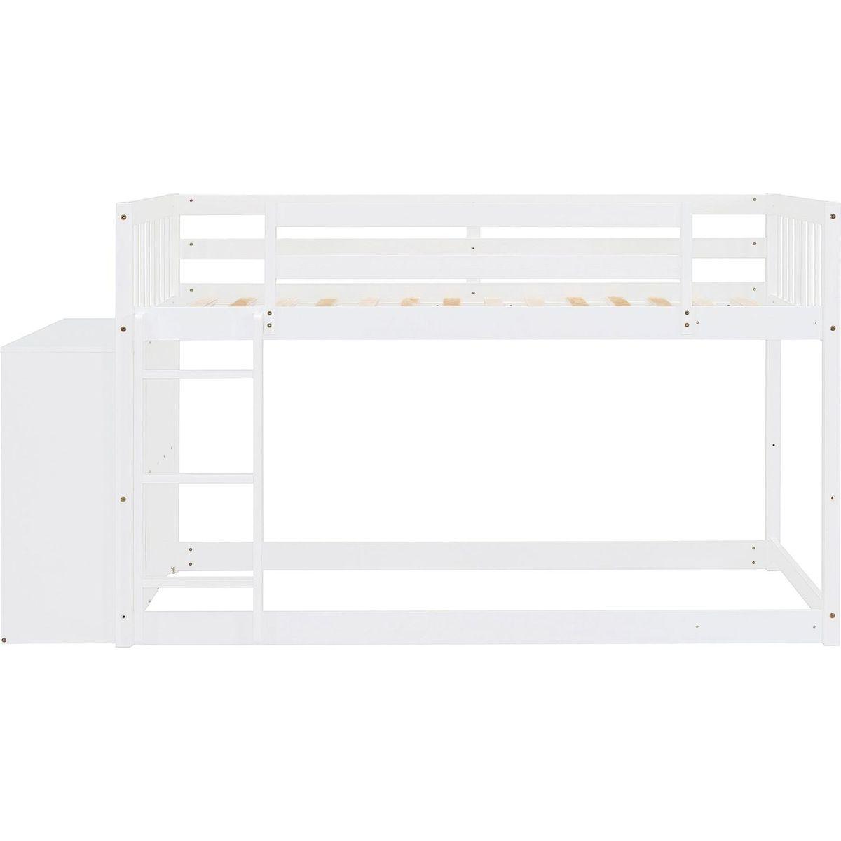 Twin over Twin Bunk Bed with 4 Drawers and 3 Shelves-White
