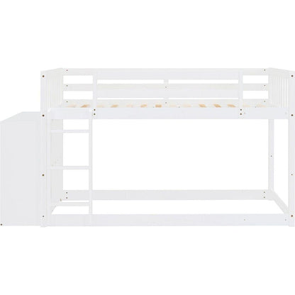 Twin over Twin Bunk Bed with 4 Drawers and 3 Shelves-White