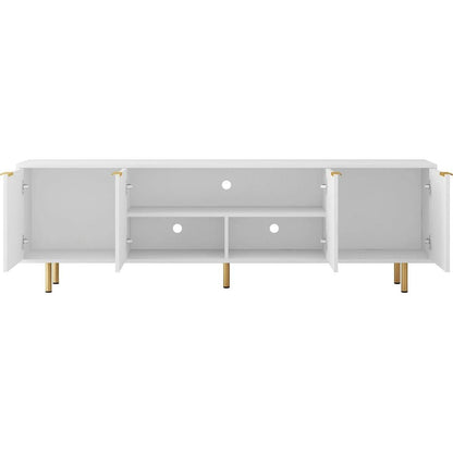 White Modern TV Stand Fluted 68" with Power Outlet, Entertainment Center with Storage Doors, TV Console Media Cabinet, for 55+ Inch TV, Living Room